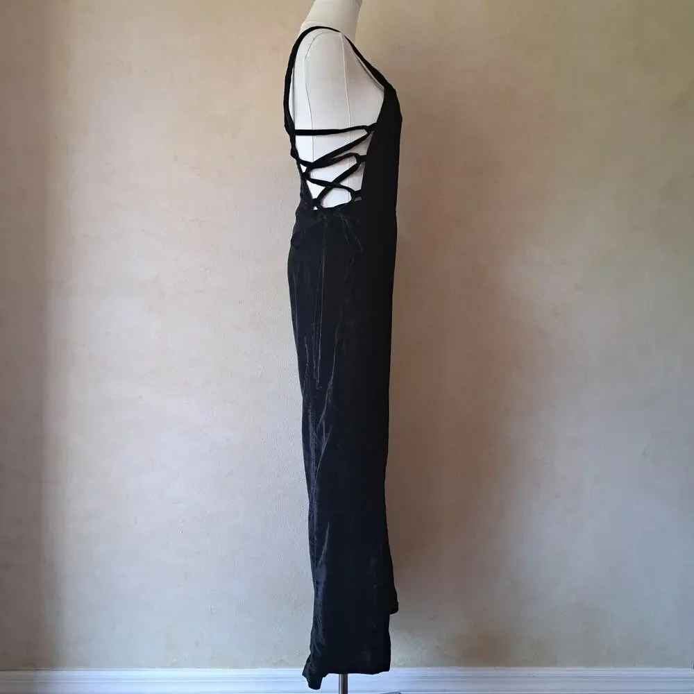 FREE PEOPLE Black Crushed Velvet 90s Forever Lace Up Jumpsuit Wide Leg Small